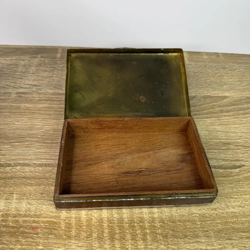 Vintage Brass Cigarette Holder Intricate Ornate Trinket Box Wood Lined